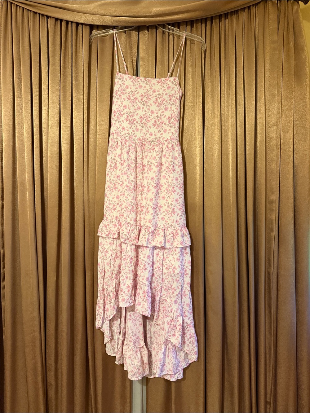 Girls' Pink Floral Ruffle High-Low Dress